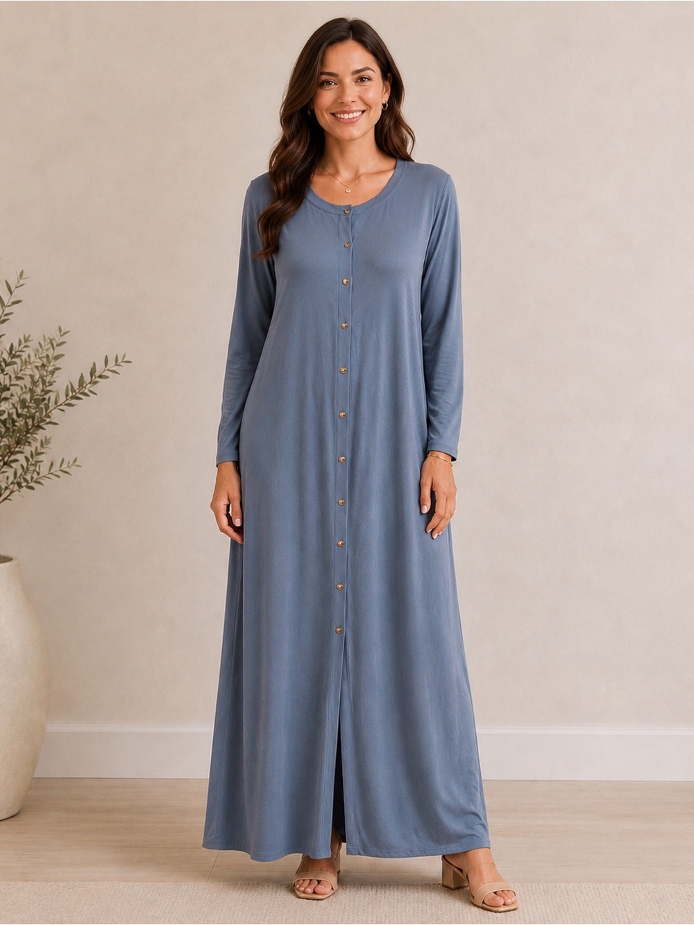 Aleeza Paris Dusty Blue Ribbed Button Down Lounge Dress.